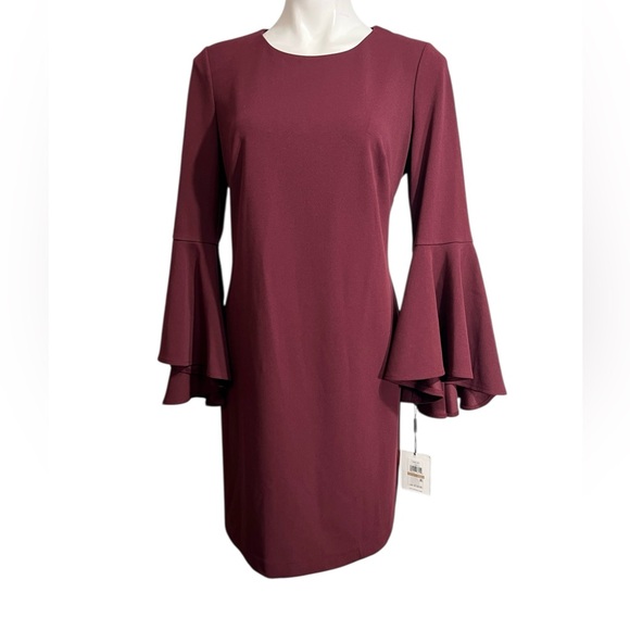 Calvin Klein dress sz 12 Long Bell Sleeve Burgundy red knee length office church - Picture 2 of 6